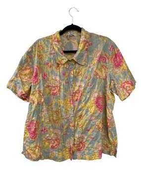 April Cornell Cotton Floral Button-Up Short Sleeve Blouse One Size